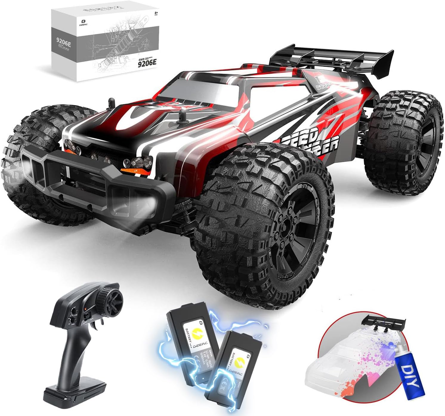 Rc Hobby Grade Monster Truck - 1/10スケールの大型RCカー。DIYでカスタマイズ可能な外装パーツ付き。最高速度48km/h以上。大人も子供も楽しめる、高性能なハブグレードの高速リモコンカー。全地形対応の4WD、2.4GHzオフロードモンスタートラック。2つのバッテリーが付属し、40分以上の連続プレイが可能。